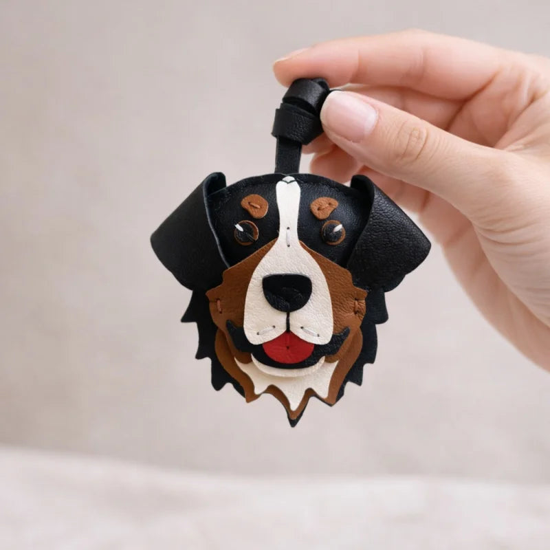 Handmade Bernese Mountain Dog Leather Bag Charm – Lambskin Dog Purse Pendant | Cute Puppy Handbag Accessory | Handcrafted Keychain Gift for Her