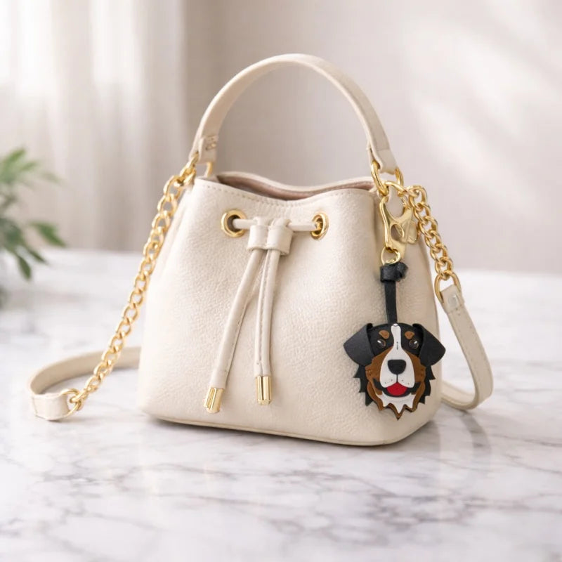 Handmade Bernese Mountain Dog Leather Bag Charm – Lambskin Dog Purse Pendant | Cute Puppy Handbag Accessory | Handcrafted Keychain Gift for Her