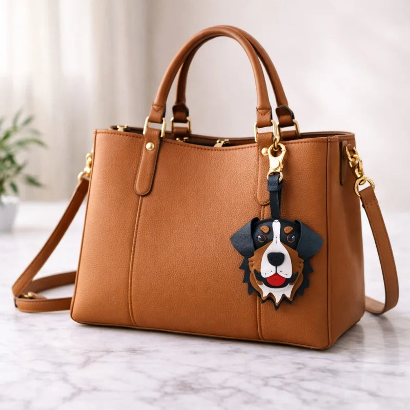 Handmade Bernese Mountain Dog Leather Bag Charm – Lambskin Dog Purse Pendant | Cute Puppy Handbag Accessory | Handcrafted Keychain Gift for Her