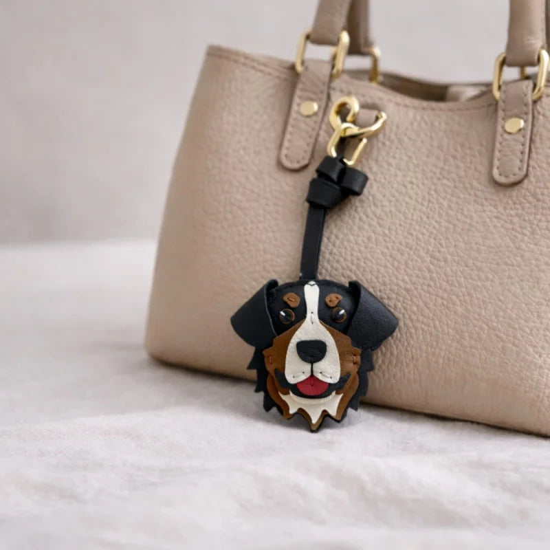 Handmade Bernese Mountain Dog Leather Bag Charm – Lambskin Dog Purse Pendant | Cute Puppy Handbag Accessory | Handcrafted Keychain Gift for Her
