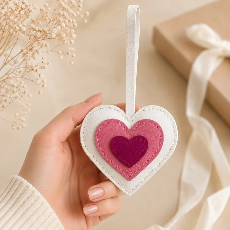 Layered Heart Leather Bag Charm – Handmade Genuine Lambskin Love Pendant with Strap | Handbag Keychain & Car Charm | Gift for Her