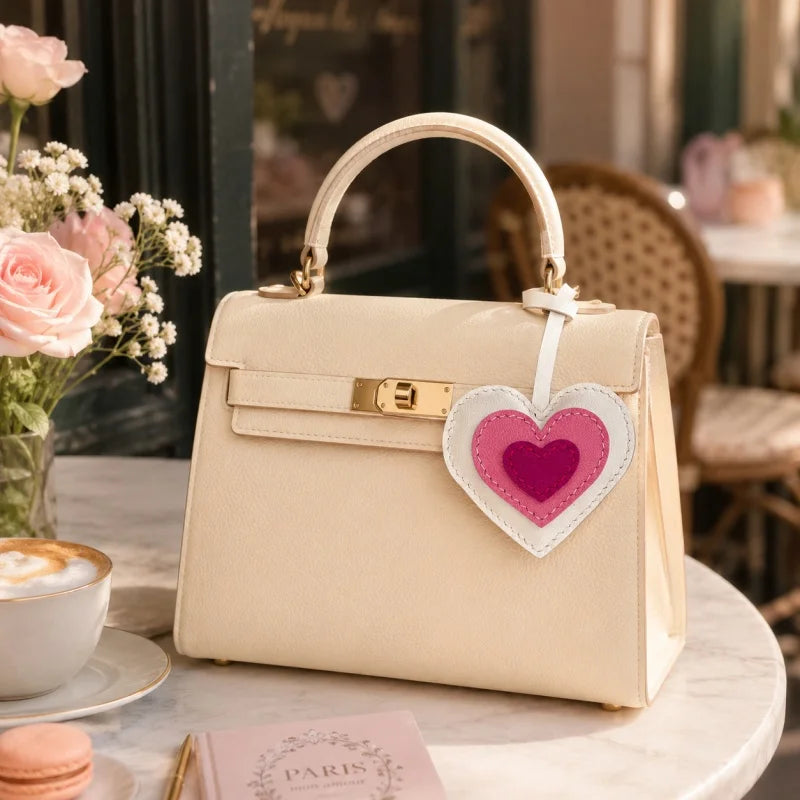 Layered Heart Leather Bag Charm – Handmade Genuine Lambskin Love Pendant with Strap | Handbag Keychain & Car Charm | Gift for Her