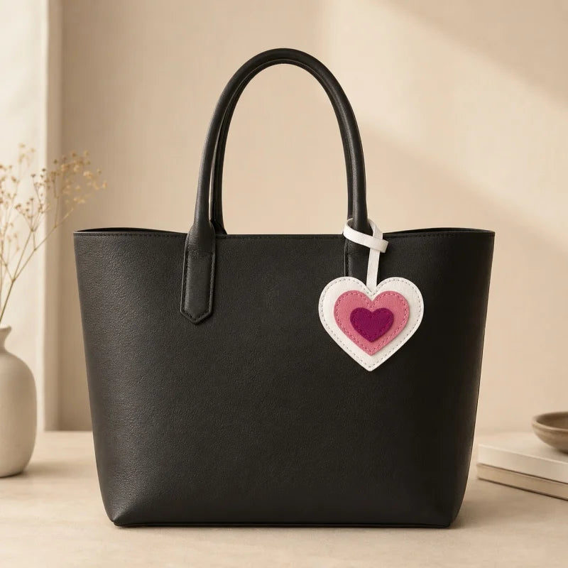 Layered Heart Leather Bag Charm – Handmade Genuine Lambskin Love Pendant with Strap | Handbag Keychain & Car Charm | Gift for Her