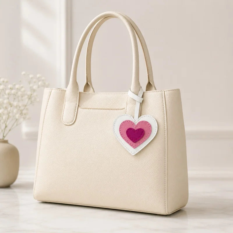 Layered Heart Leather Bag Charm – Handmade Genuine Lambskin Love Pendant with Strap | Handbag Keychain & Car Charm | Gift for Her
