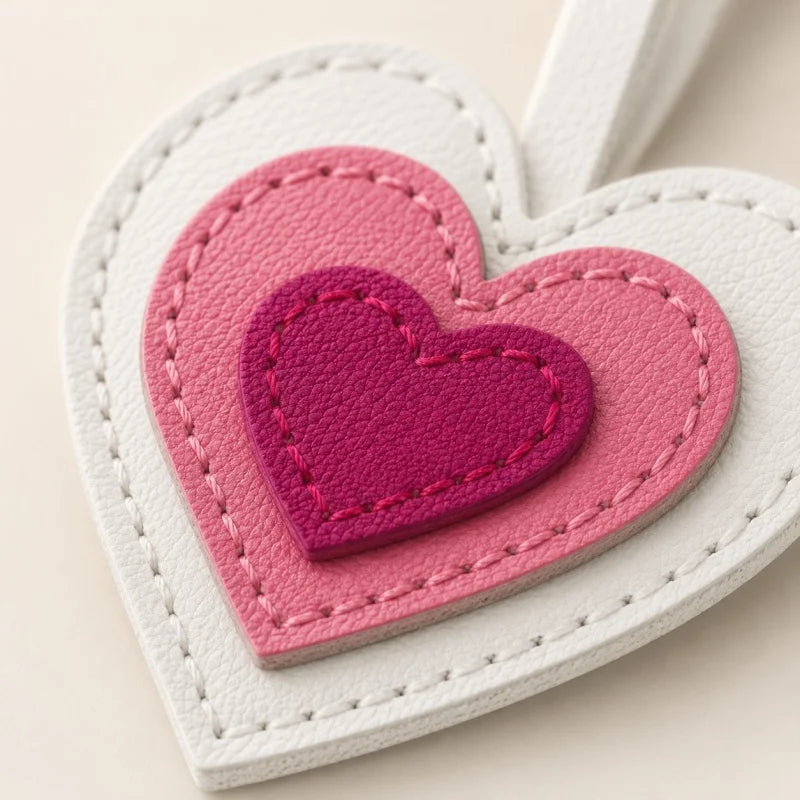 Layered Heart Leather Bag Charm – Handmade Genuine Lambskin Love Pendant with Strap | Handbag Keychain & Car Charm | Gift for Her