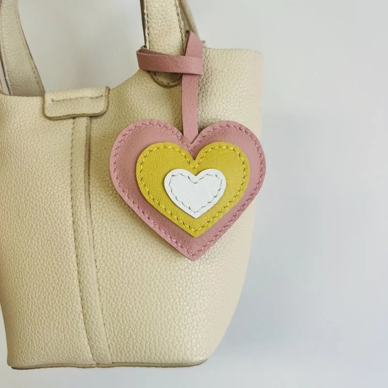 Layered Heart Leather Bag Charm – Handmade Genuine Lambskin Love Pendant with Strap | Handbag Keychain & Car Charm | Gift for Her