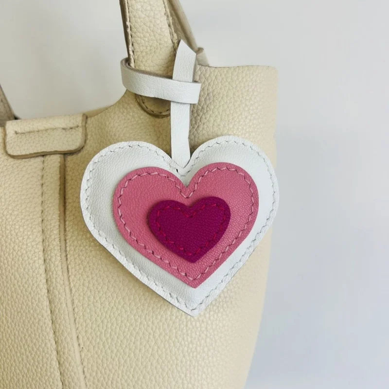 Layered Heart Leather Bag Charm – Handmade Genuine Lambskin Love Pendant with Strap | Handbag Keychain & Car Charm | Gift for Her