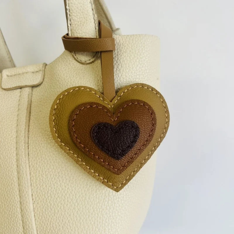 Layered Heart Leather Bag Charm – Handmade Genuine Lambskin Love Pendant with Strap | Handbag Keychain & Car Charm | Gift for Her