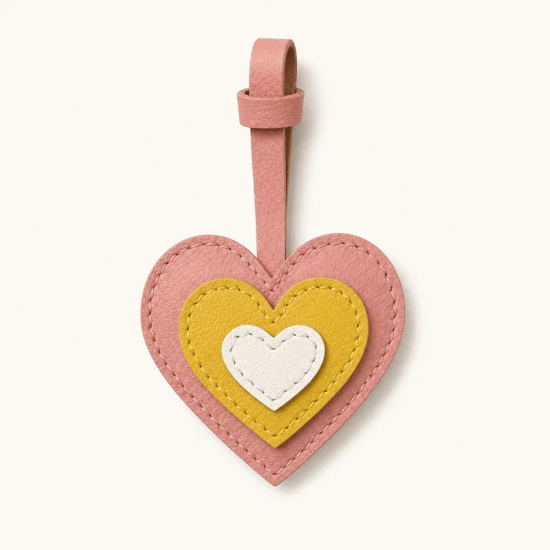 Layered Heart Leather Bag Charm – Handmade Genuine Lambskin Love Pendant with Strap | Handbag Keychain & Car Charm | Gift for Her