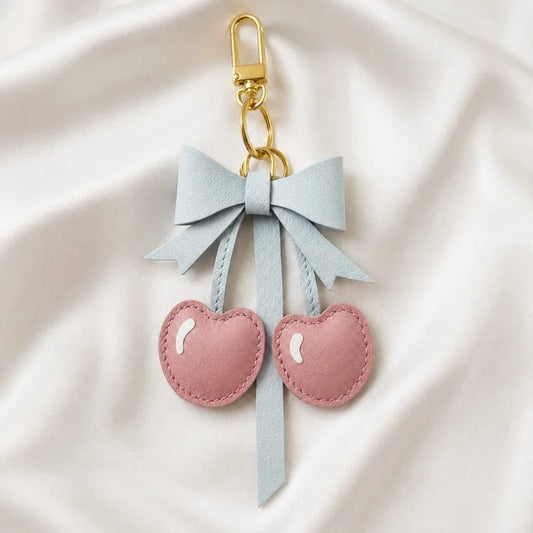 Cherry Bow Leather Bag Charm – Handmade Genuine Lambskin Fruit Pendant with Gold Clasp | Cute Handbag Keychain Accessory | Gift for Her
