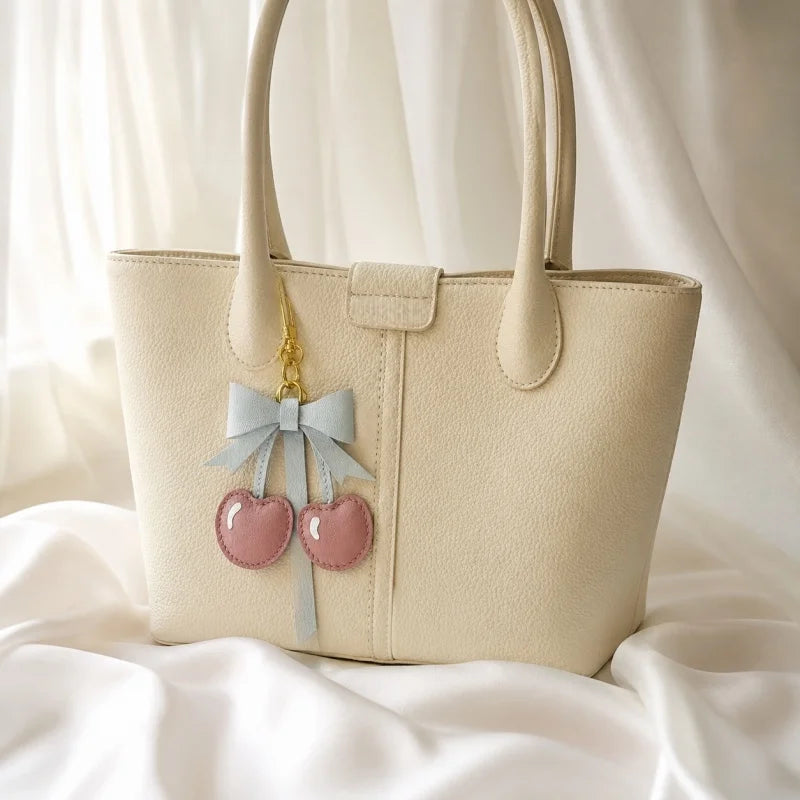 Cherry Bow Leather Bag Charm – Handmade Genuine Lambskin Fruit Pendant with Gold Clasp | Cute Handbag Keychain Accessory | Gift for Her