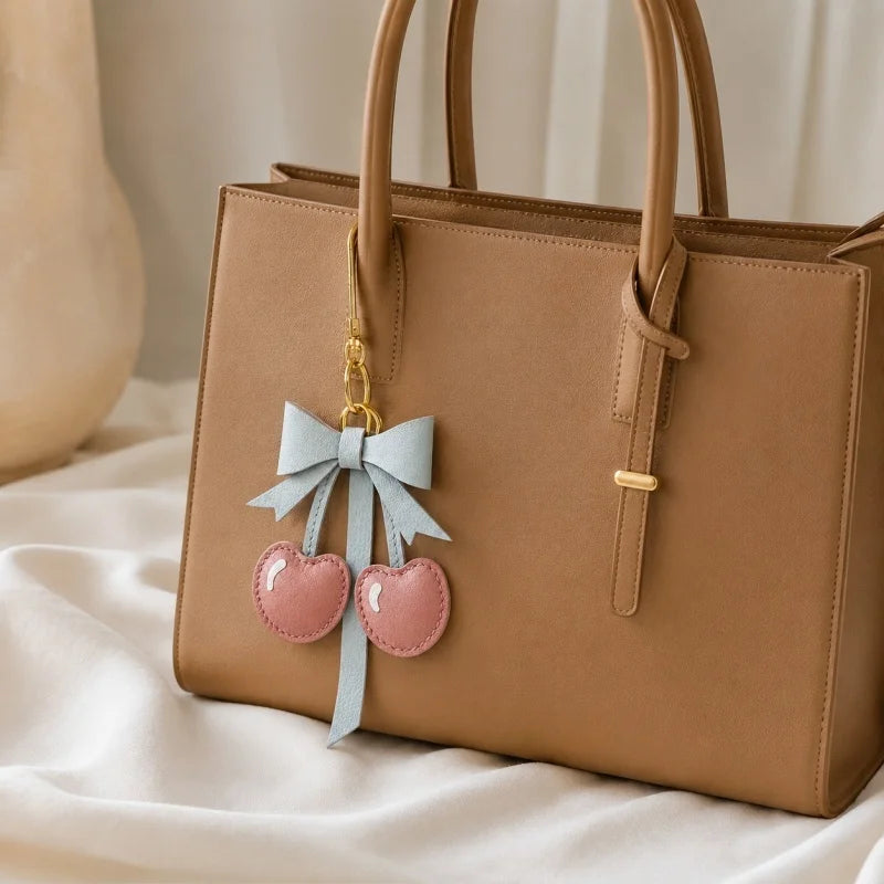 Cherry Bow Leather Bag Charm – Handmade Genuine Lambskin Fruit Pendant with Gold Clasp | Cute Handbag Keychain Accessory | Gift for Her