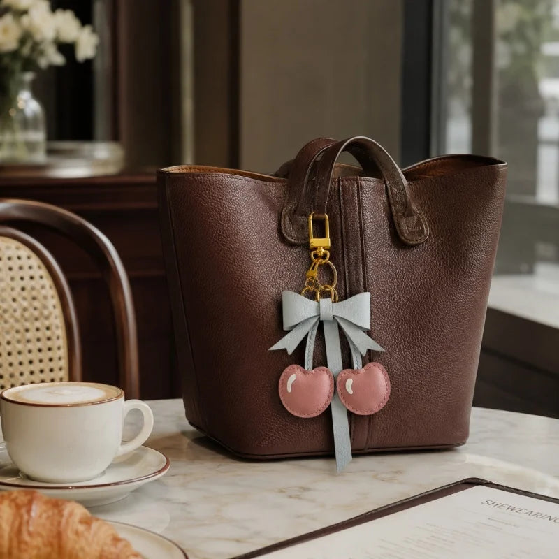 Cherry Bow Leather Bag Charm – Handmade Genuine Lambskin Fruit Pendant with Gold Clasp | Cute Handbag Keychain Accessory | Gift for Her
