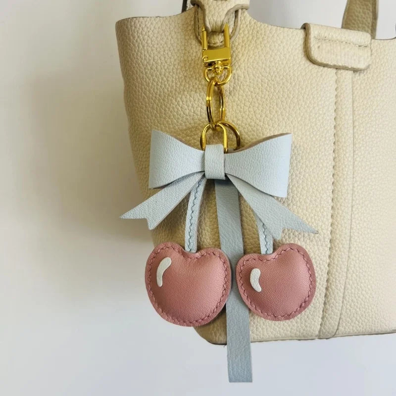 Cherry Bow Leather Bag Charm – Handmade Genuine Lambskin Fruit Pendant with Gold Clasp | Cute Handbag Keychain Accessory | Gift for Her