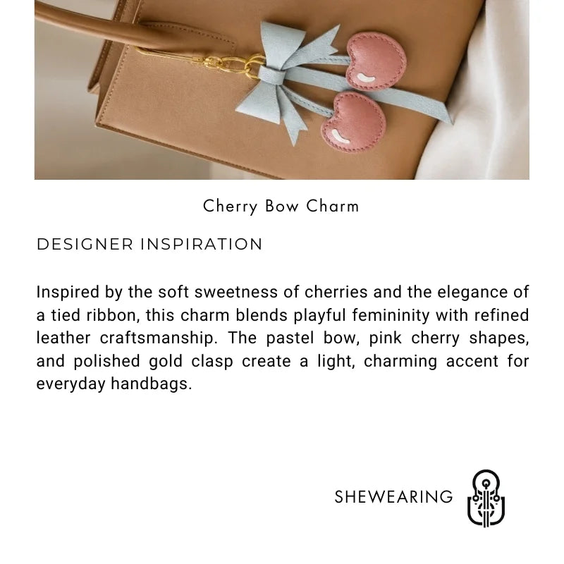 Cherry Bow Leather Bag Charm – Handmade Genuine Lambskin Fruit Pendant with Gold Clasp | Cute Handbag Keychain Accessory | Gift for Her