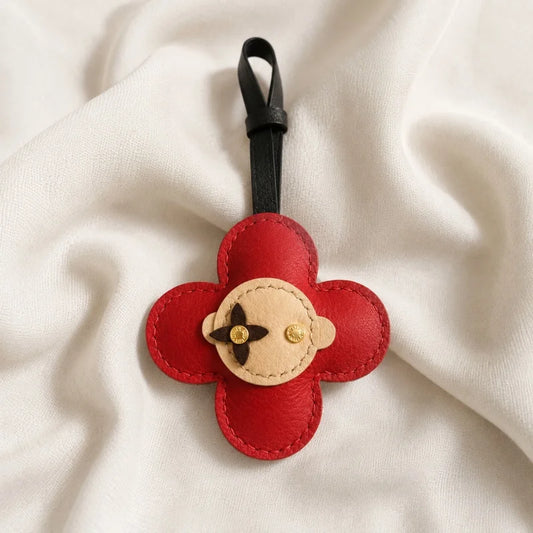 Red Bloom Leather Bag Charm – Handmade Genuine Lambskin Floral Pendant with Black Strap | Handbag & Purse Accessory | Gift for Her