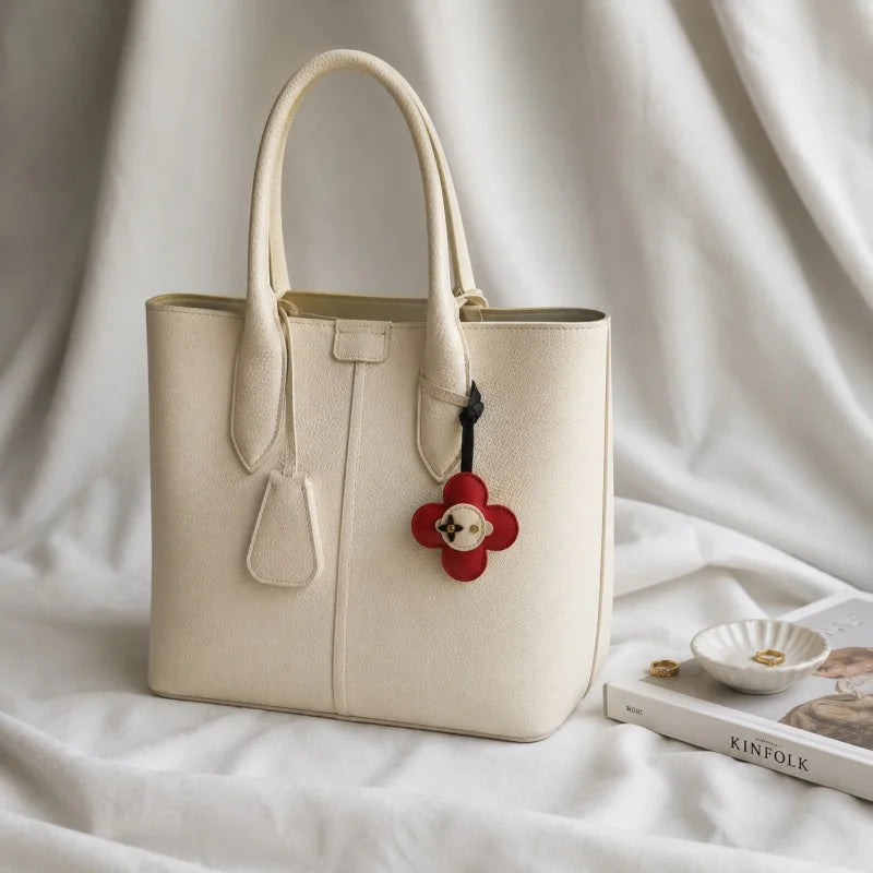 Red Bloom Leather Bag Charm – Handmade Genuine Lambskin Floral Pendant with Black Strap | Handbag & Purse Accessory | Gift for Her