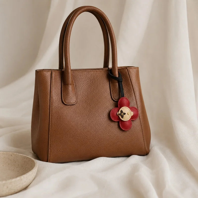 Red Bloom Leather Bag Charm – Handmade Genuine Lambskin Floral Pendant with Black Strap | Handbag & Purse Accessory | Gift for Her