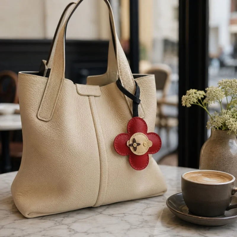 Red Bloom Leather Bag Charm – Handmade Genuine Lambskin Floral Pendant with Black Strap | Handbag & Purse Accessory | Gift for Her