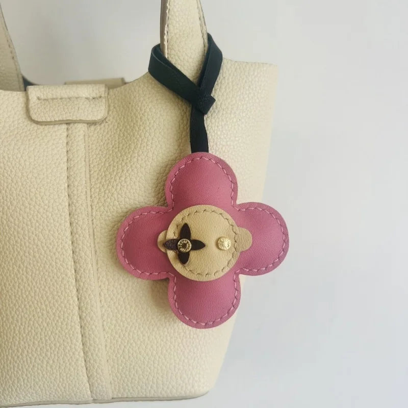 Red Bloom Leather Bag Charm – Handmade Genuine Lambskin Floral Pendant with Black Strap | Handbag & Purse Accessory | Gift for Her