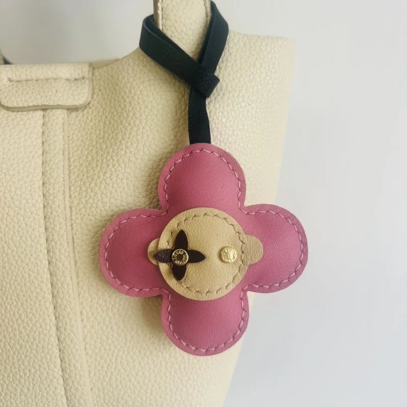 Red Bloom Leather Bag Charm – Handmade Genuine Lambskin Floral Pendant with Black Strap | Handbag & Purse Accessory | Gift for Her
