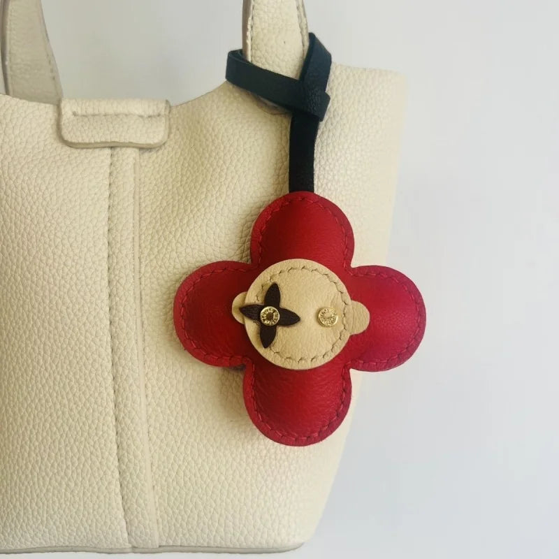 Red Bloom Leather Bag Charm – Handmade Genuine Lambskin Floral Pendant with Black Strap | Handbag & Purse Accessory | Gift for Her