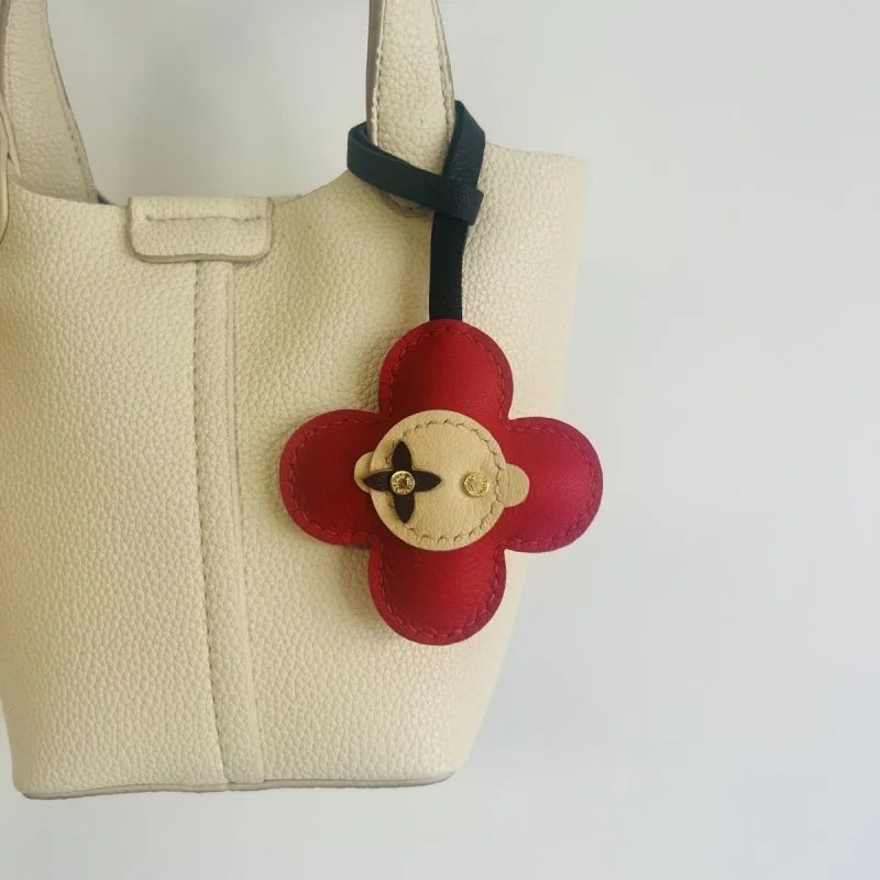 Red Bloom Leather Bag Charm – Handmade Genuine Lambskin Floral Pendant with Black Strap | Handbag & Purse Accessory | Gift for Her