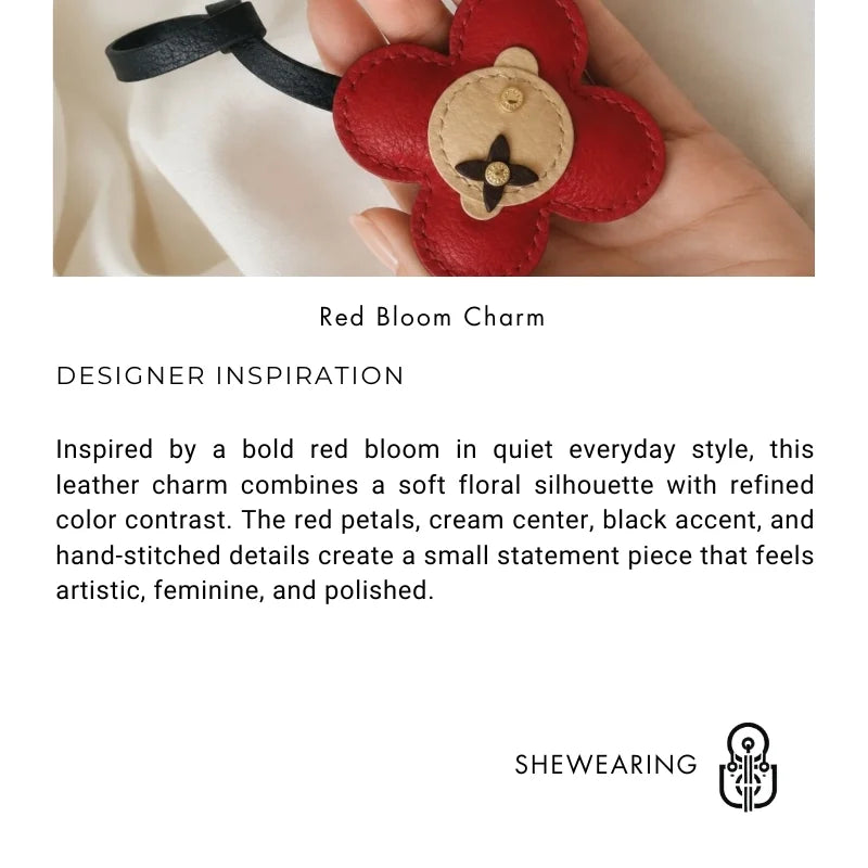 Red Bloom Leather Bag Charm – Handmade Genuine Lambskin Floral Pendant with Black Strap | Handbag & Purse Accessory | Gift for Her