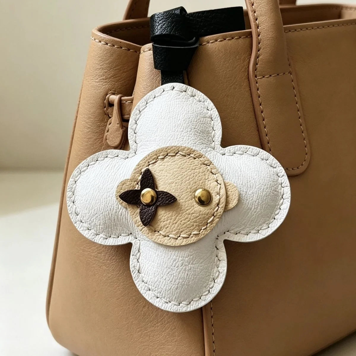 Red Bloom Leather Bag Charm – Handmade Genuine Lambskin Floral Pendant with Black Strap | Handbag & Purse Accessory | Gift for Her