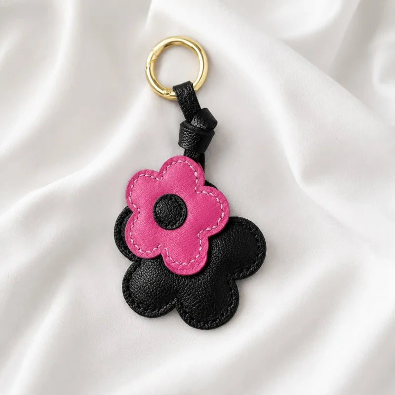 Pink & Black Bloom Leather Bag Charm – Handmade Genuine Lambskin Floral Pendant with Gold Ring | Two-Tone Handbag Keychain Accessory | Gift for Her