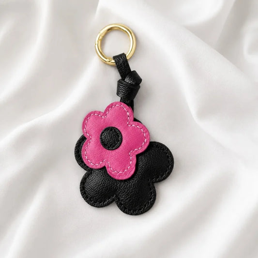 Pink & Black Bloom Leather Bag Charm – Handmade Genuine Lambskin Floral Pendant with Gold Ring | Two-Tone Handbag Keychain Accessory | Gift for Her