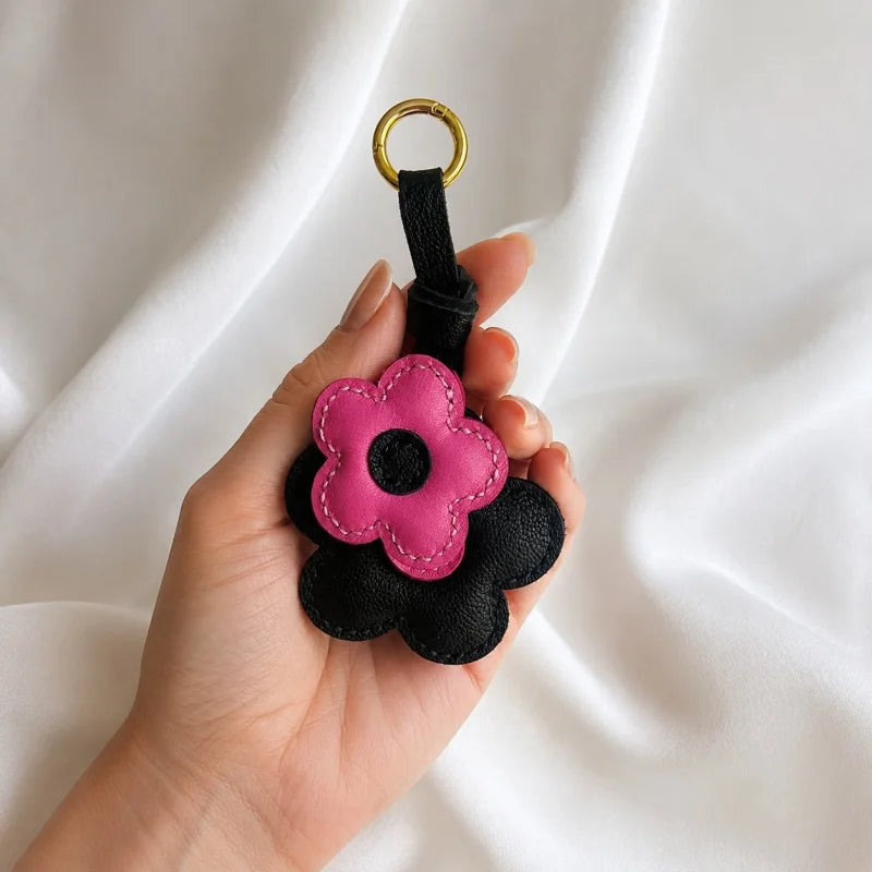 Pink & Black Bloom Leather Bag Charm – Handmade Genuine Lambskin Floral Pendant with Gold Ring | Two-Tone Handbag Keychain Accessory | Gift for Her