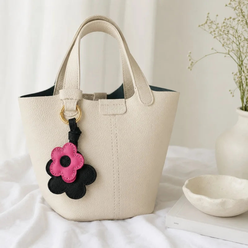 Pink & Black Bloom Leather Bag Charm – Handmade Genuine Lambskin Floral Pendant with Gold Ring | Two-Tone Handbag Keychain Accessory | Gift for Her