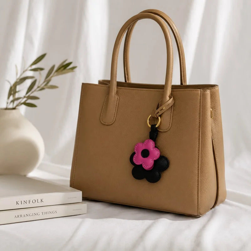 Pink & Black Bloom Leather Bag Charm – Handmade Genuine Lambskin Floral Pendant with Gold Ring | Two-Tone Handbag Keychain Accessory | Gift for Her