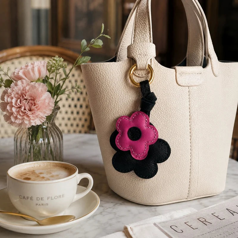 Pink & Black Bloom Leather Bag Charm – Handmade Genuine Lambskin Floral Pendant with Gold Ring | Two-Tone Handbag Keychain Accessory | Gift for Her