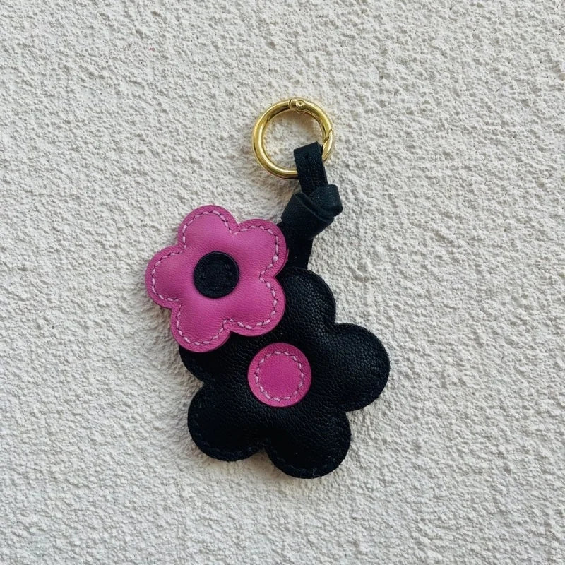 Pink & Black Bloom Leather Bag Charm – Handmade Genuine Lambskin Floral Pendant with Gold Ring | Two-Tone Handbag Keychain Accessory | Gift for Her