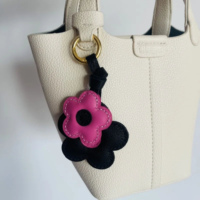 Pink & Black Bloom Leather Bag Charm – Handmade Genuine Lambskin Floral Pendant with Gold Ring | Two-Tone Handbag Keychain Accessory | Gift for Her