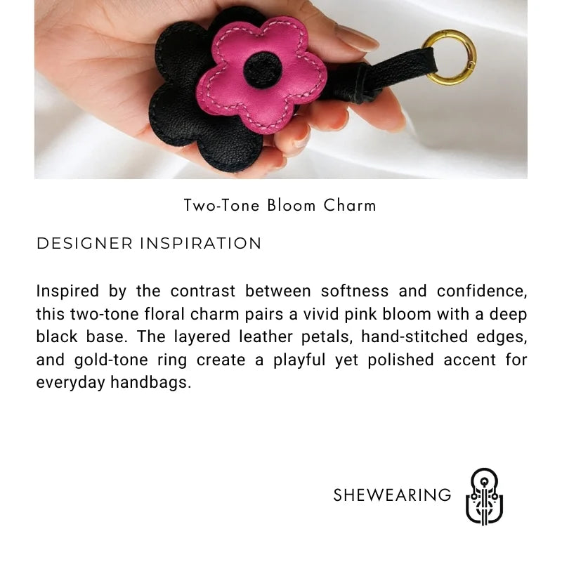 Pink & Black Bloom Leather Bag Charm – Handmade Genuine Lambskin Floral Pendant with Gold Ring | Two-Tone Handbag Keychain Accessory | Gift for Her