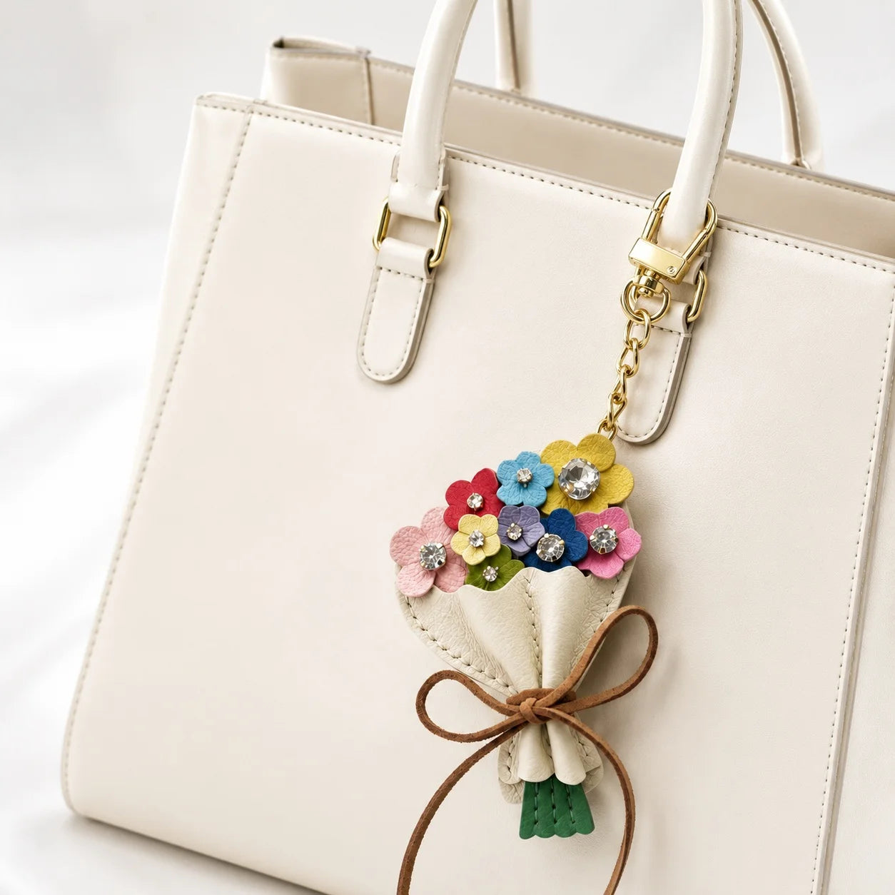 Garden Bloom Bouquet Leather Bag Charm – Handcrafted Floral Bouquet Charm with Crystal Accents for Totes & Handbags