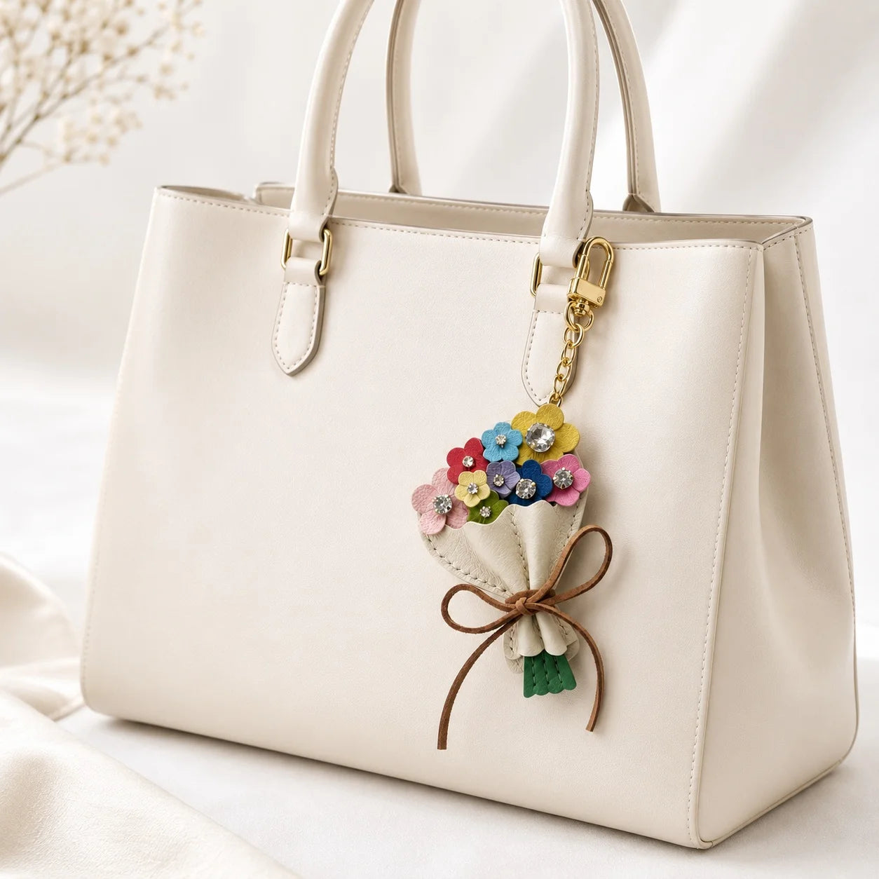 Garden Bloom Bouquet Leather Bag Charm – Handcrafted Floral Bouquet Charm with Crystal Accents for Totes & Handbags
