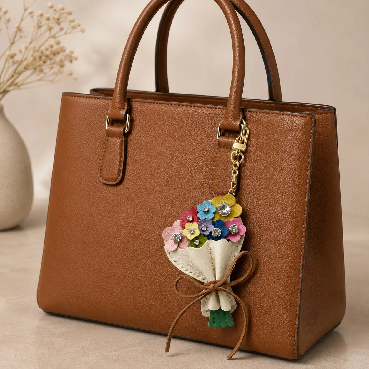 Garden Bloom Bouquet Leather Bag Charm – Handcrafted Floral Bouquet Charm with Crystal Accents for Totes & Handbags