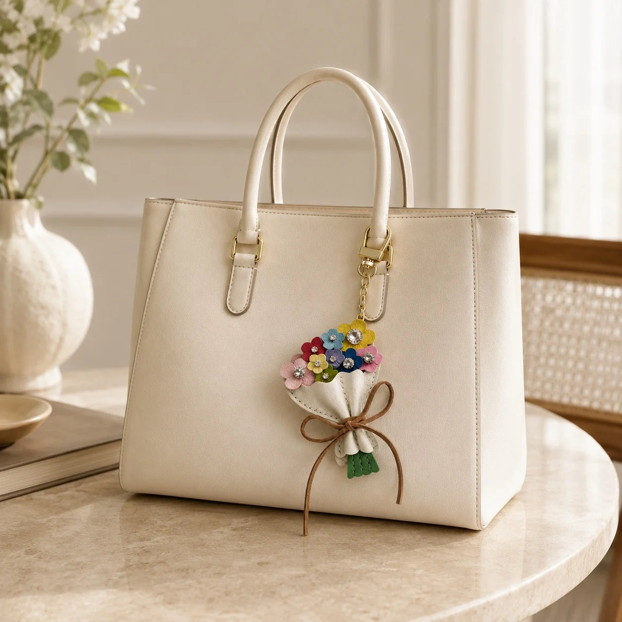 Garden Bloom Bouquet Leather Bag Charm – Handcrafted Floral Bouquet Charm with Crystal Accents for Totes & Handbags