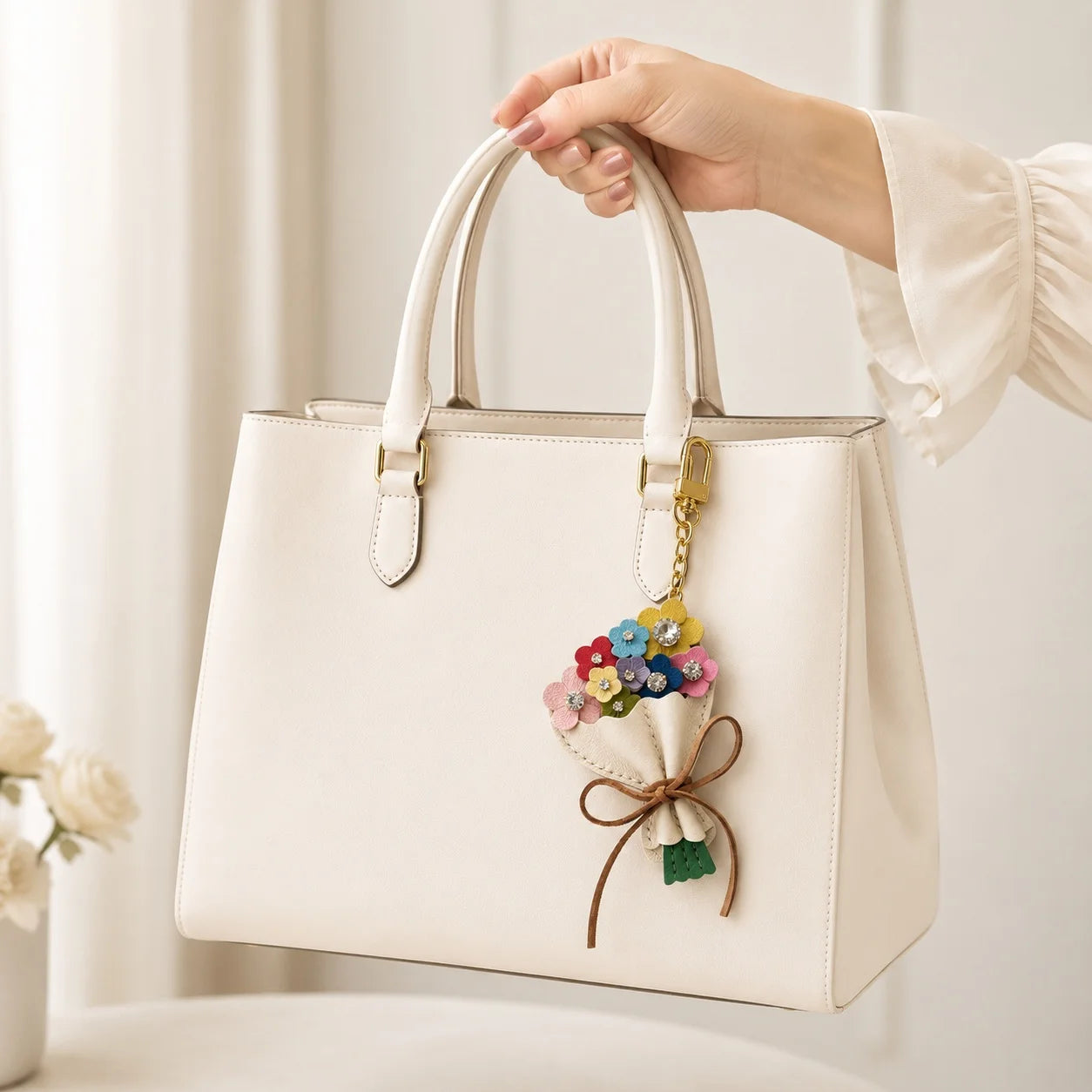 Garden Bloom Bouquet Leather Bag Charm – Handcrafted Floral Bouquet Charm with Crystal Accents for Totes & Handbags
