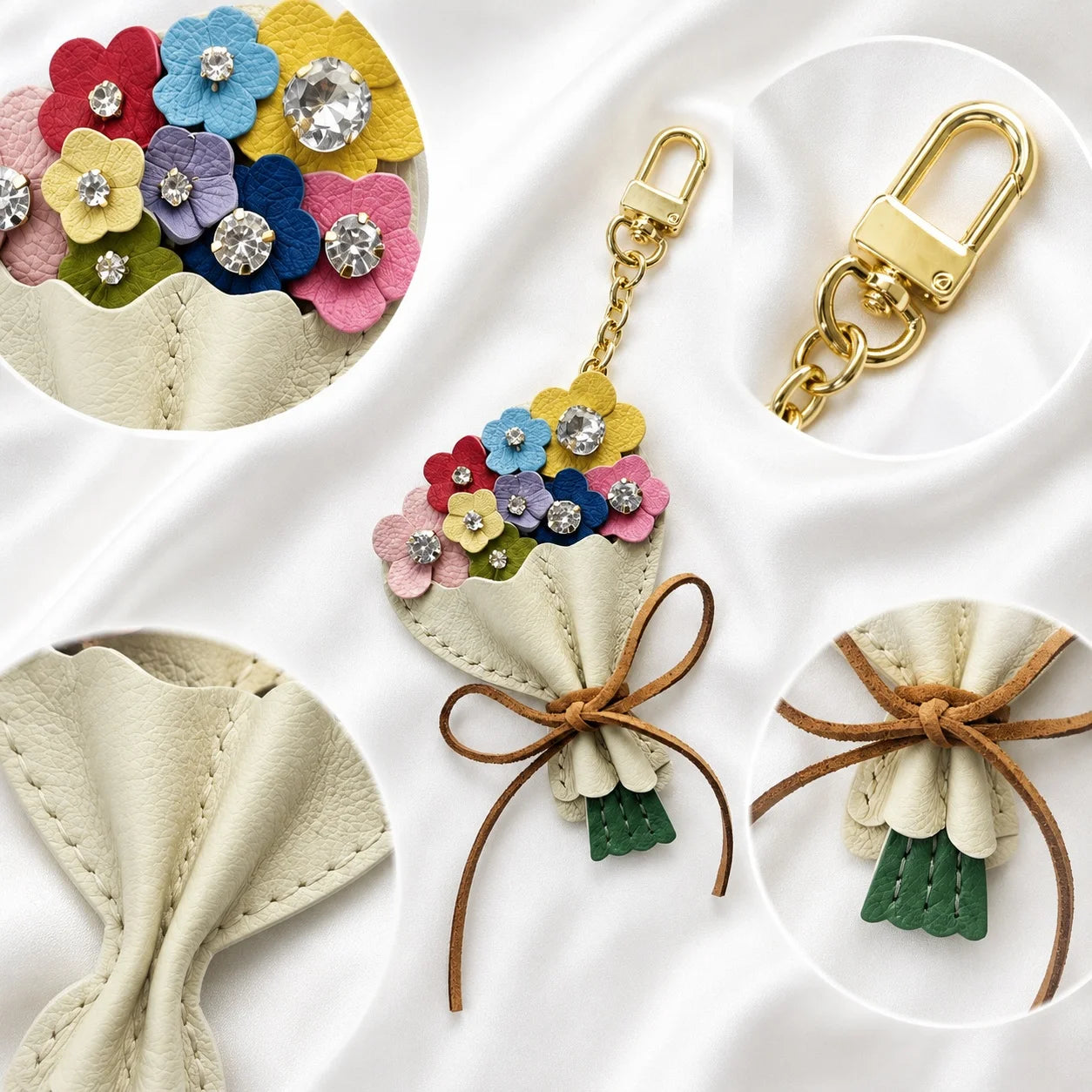 Garden Bloom Bouquet Leather Bag Charm – Handcrafted Floral Bouquet Charm with Crystal Accents for Totes & Handbags