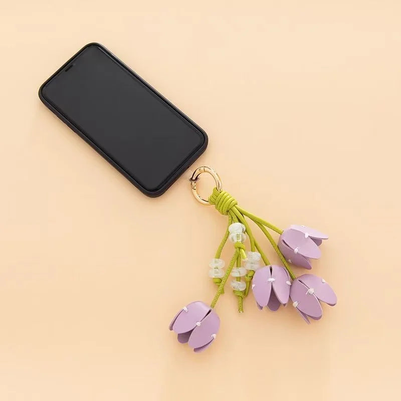 Tulip Blossom Leather Bag Charm – Handmade Bouquet Keychain Pendant | Dopamine Beaded Floral Accessory | Elegant Handbag Decoration for Women