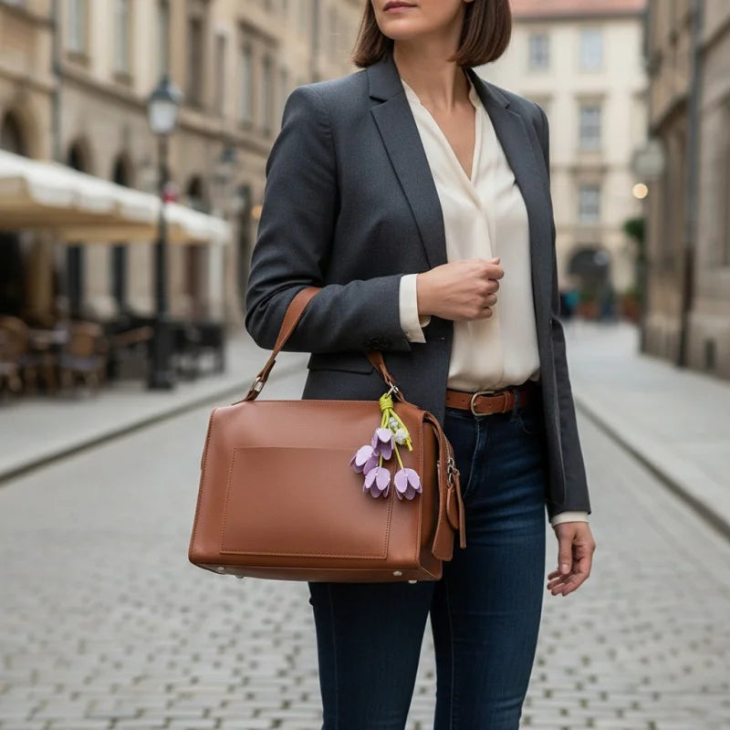 Tulip Blossom Leather Bag Charm – Handmade Bouquet Keychain Pendant | Dopamine Beaded Floral Accessory | Elegant Handbag Decoration for Women
