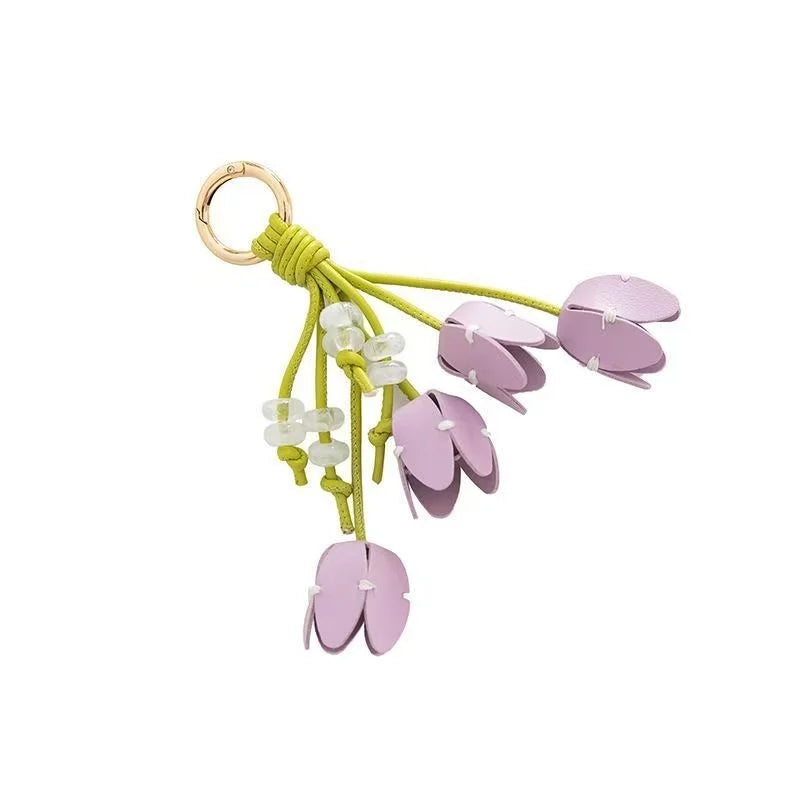 Tulip Blossom Leather Bag Charm – Handmade Bouquet Keychain Pendant | Dopamine Beaded Floral Accessory | Elegant Handbag Decoration for Women