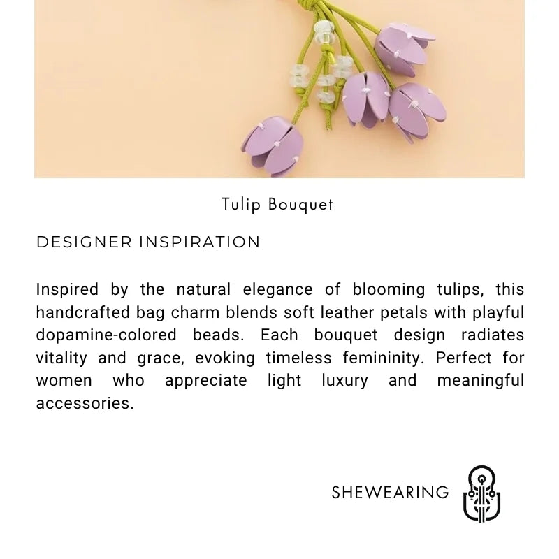 Tulip Blossom Leather Bag Charm – Handmade Bouquet Keychain Pendant | Dopamine Beaded Floral Accessory | Elegant Handbag Decoration for Women