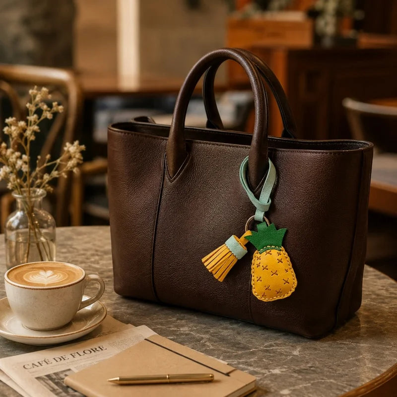 Dije de borla de piña para bolso: llavero artesanal de piel de cordero plena flor, estilo tropical, un regalo bonito y colorido para mujeres y amigas.