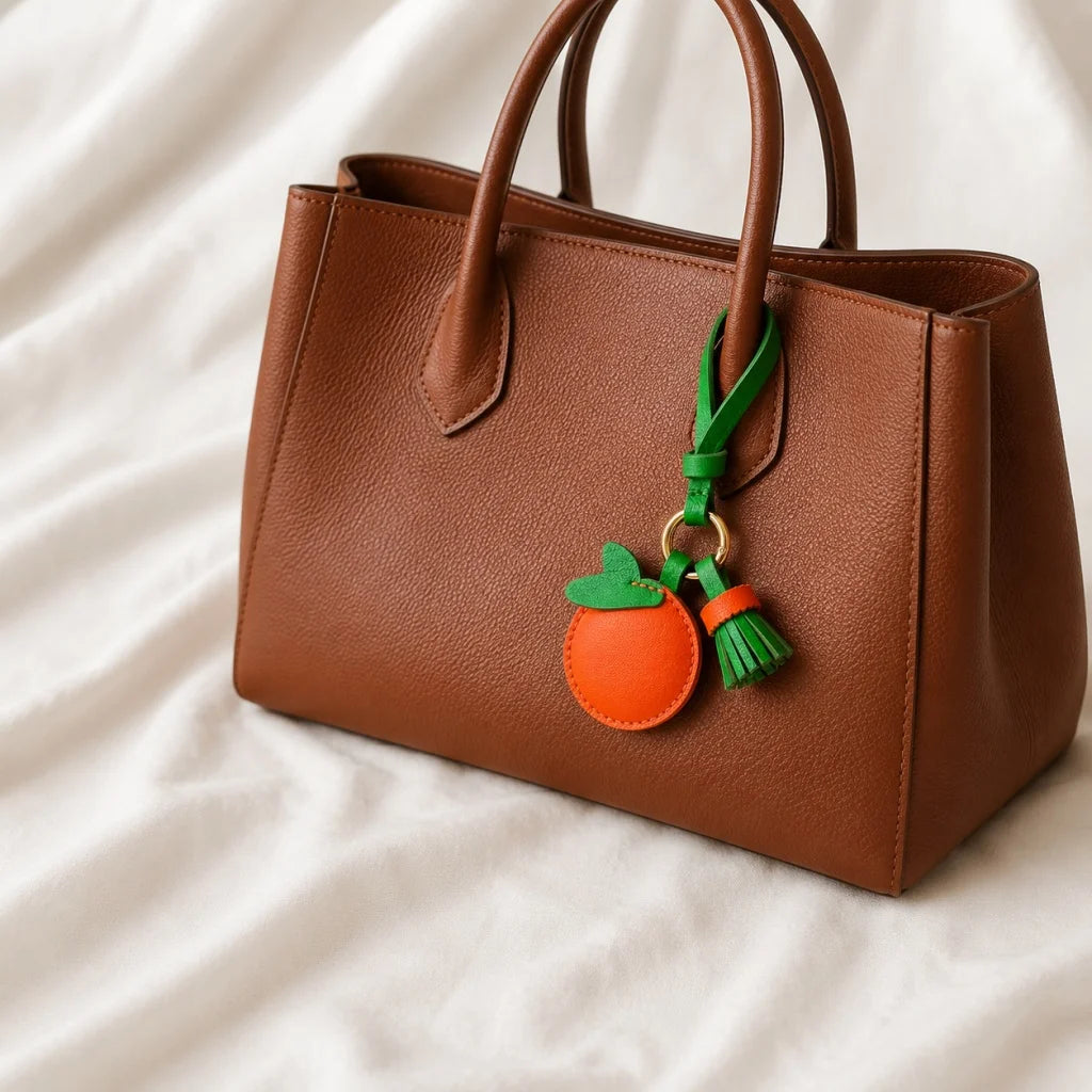 Dije de cuero naranja para bolso – Colgante de fruta de piel de vaca hecho a mano | Bonito llavero de cítricos | Regalo creativo para parejas y mejores amigas